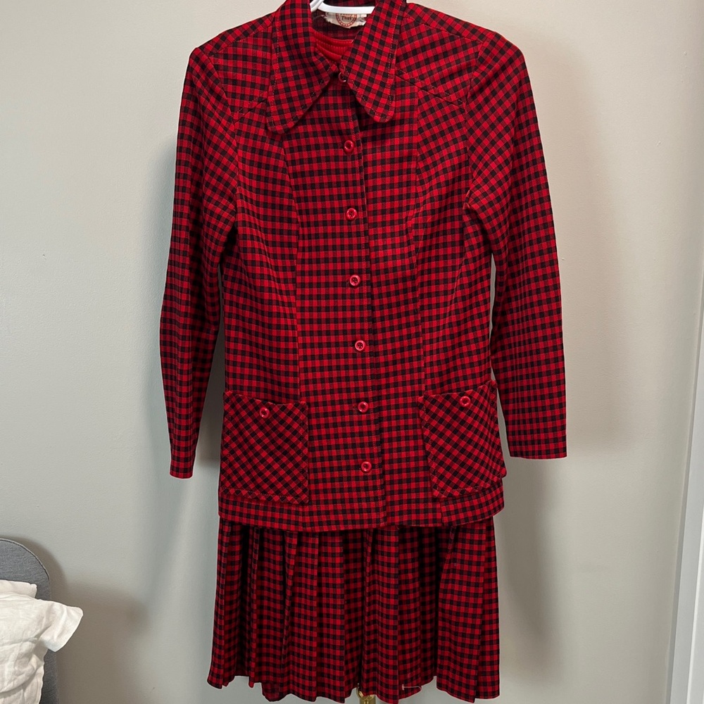 46. VINTAGE Red and Black Checkered Dress & Jacket Suit.